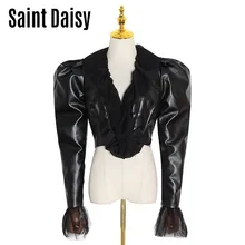 

SaintDaisy Faux Leather Jacket Fall for Women Moto Sexy Black Top Fashion Spliced V-Neck Boutique Clothing 2022 Lace Short