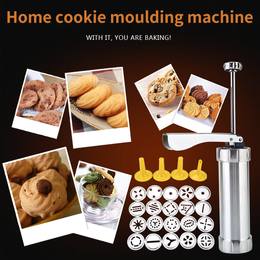 Cookie Press Kit Gun Machine Stainless Steel Biscuit Making Cake Decoration Tool 20 Molds and 4 Pastry Piping Nozzles |