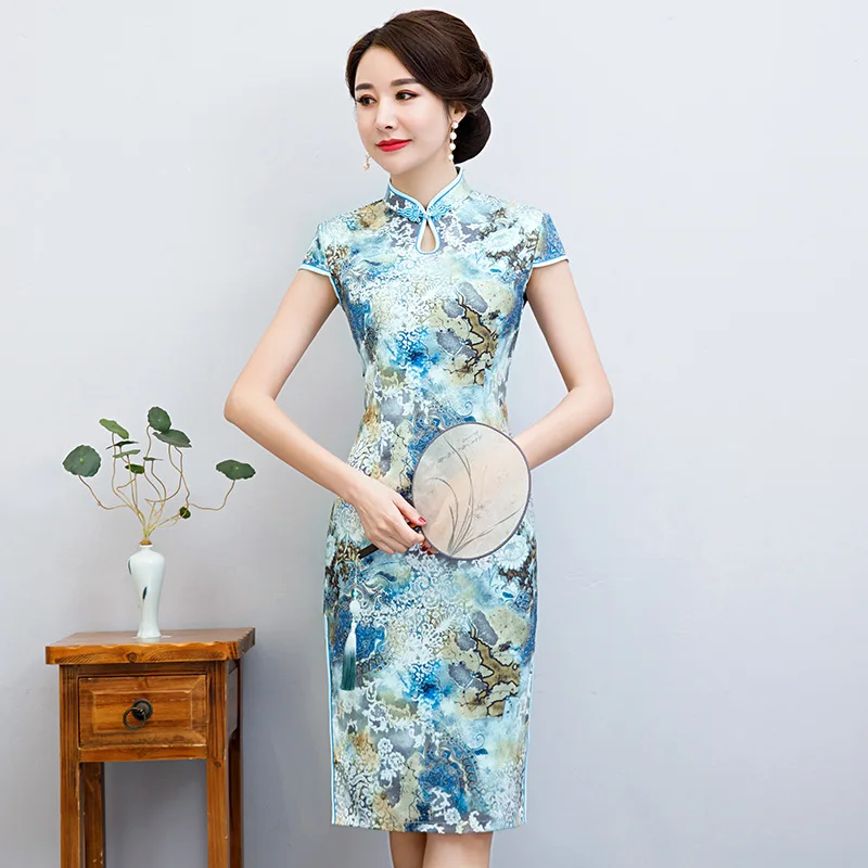 Китайский Стиль вечернее платье, пикантное платье Чонсам Винтаж принт из сатина с украшениями в виде цветов элегантные женские тонкий