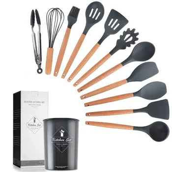 

Keidason 11Pcs Wooden Handle Silicone Kitchenware Healthy Cookware Spatula Soup Spoon Brush Ladle Pasta Colander