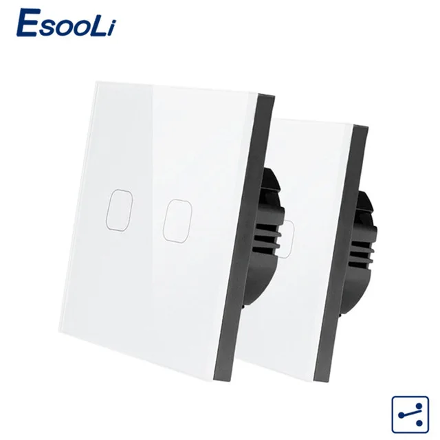 Esooli ЕС стандарт 1/2 банды 2 способ управления настенный выключатель света, кристалл стеклянная панель, крест/через переключатели, 2 шт./упак - Цвет: 2 Gang 2 Way White