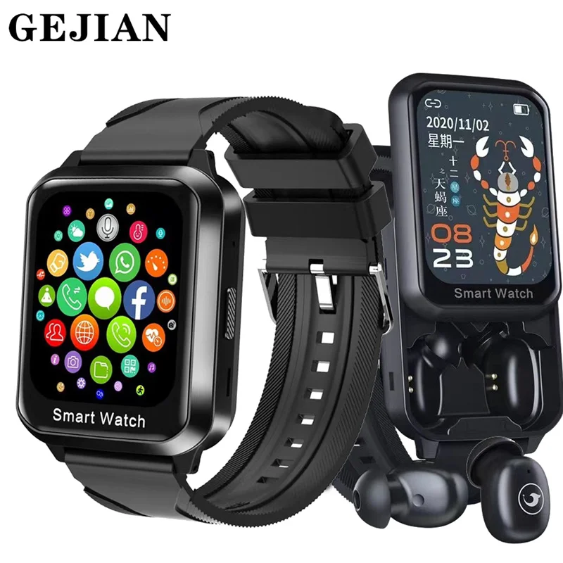 GEJIAN Jam Tangan Pintar Headset Bluetooth Pria 2 In 1 1.78 Inci Layar
