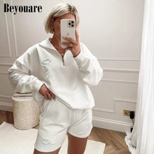 

Beyouare Casual Shorts Suit Women Solid Letter Embroidery Two Piece Set Zipper V Neck Loose Sweatshirts Sport Outfits Wholesale