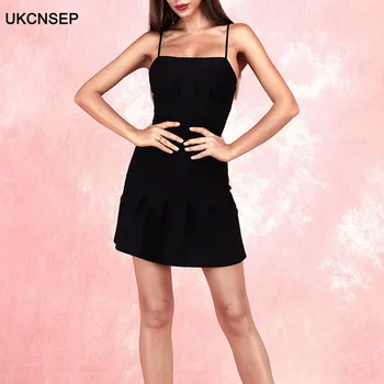 

UKCNSEP Celebrity Women Bandage Dress 2020 New Arrival Draped Spaghetti Strap Bodycon Dress Sexy Black Evening Party Dress