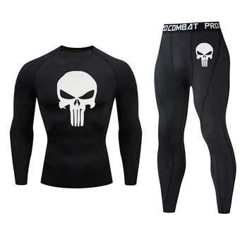 

New Jogging compression Set MMA tactics Quick-drying Gym T-shirt Leggings Union Suit Sportswear Skull Fitness Brand Running suit