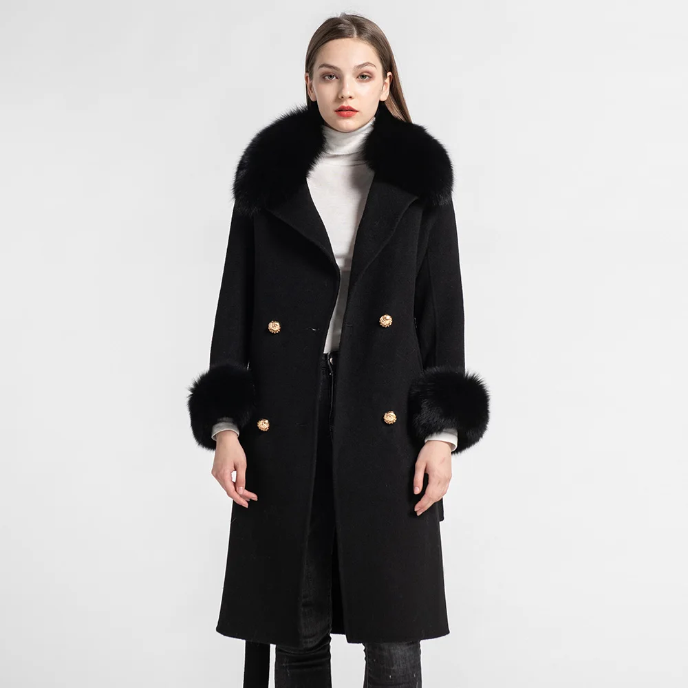 Роскошные женские пальто из натуральной шерсти Модная Меховая куртка воротник из лисьего меха с поясом зимняя теплая кашемировая верхняя одежда S7519 - Цвет: Black
