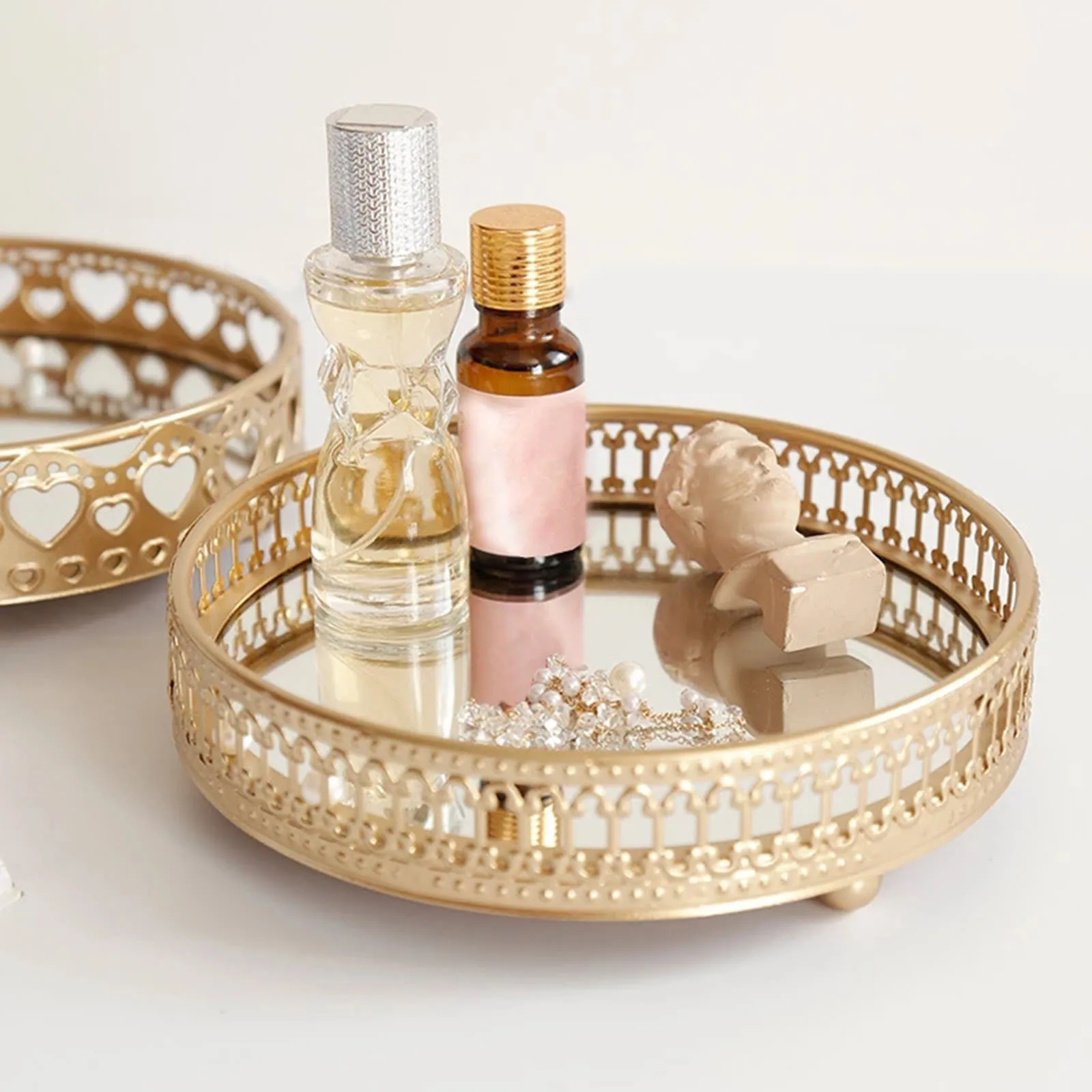 Golden Color Delicate Luxury Jewelry Storage Tray Glass Mirror Base Bedroom Desktop Cosmetic