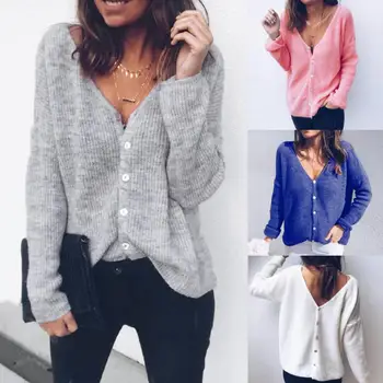 

Autumn Women Cardigan Solid Color Button V Neck Long Sleeve Sweater Cardigan Knitted Fabric Polyester Casual Women's Sweater