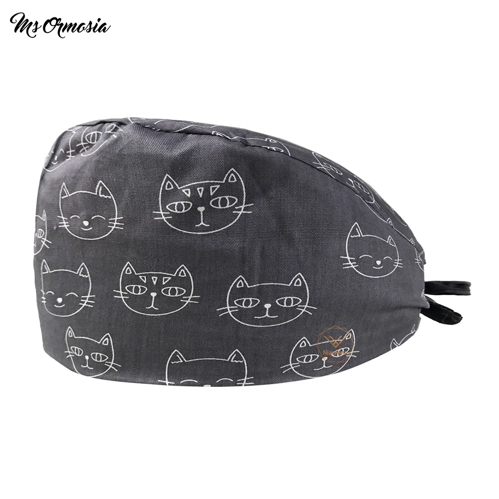 

Fashion cotton Cute cat Cartoon print hats adjustable Scrub hat beauty salon work cap laboratory pet shop Breathable scrub cap