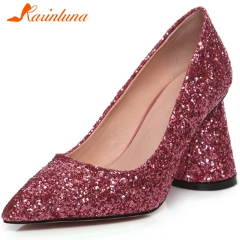 

Karinluna New Arrivals 2020 High Heels Sequined Cloth Bling Shoes Woman Pumps Pointed Toe Slip-On Party Pumps Women Shoes