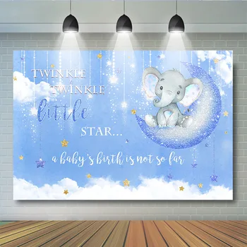 

Elephant Baby Shower Backdrop Cartoon Blue sky And White Cloud Twinkle Stars Birthday Party Decoration Background