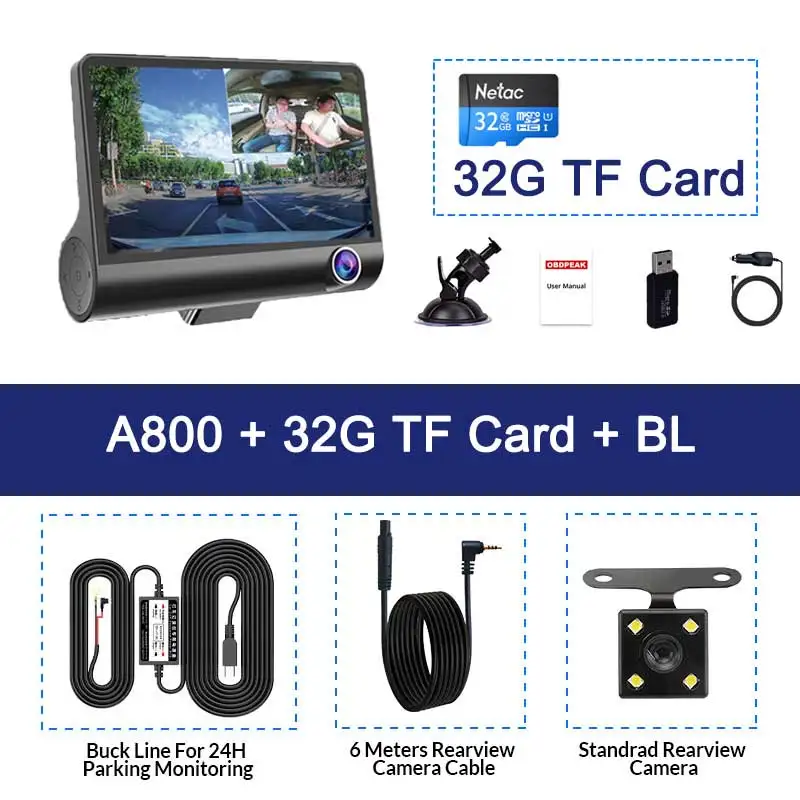 32G TF Card - BL Автомобильный видеорегистратор 3 камеры s объектив 4,0 дюймов 1080P видео рекордер с камерой заднего вида двойной объектив Dash Cam Авто регистратор Русская версия - Название цвета: 32G TF Card - BL