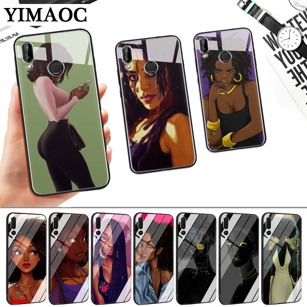 Black Girl Art Drawing Glass Case for Huawei P10 P20 P30 Lite Pro P Smart Y6 Prime Y93 Mate 20 |