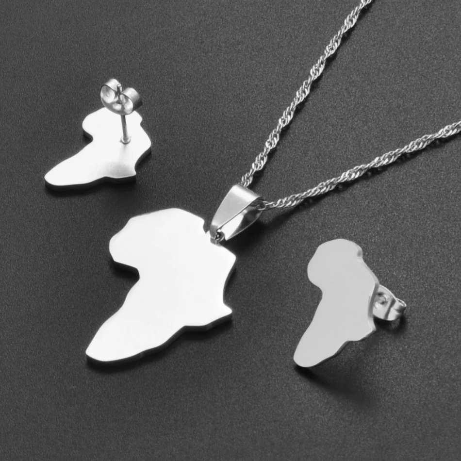 Anniyo Africa Map Sets Pendant Necklace and Earrings Gold Color/Silver Color African Maps Jewelry Set for Women Gitls #133621