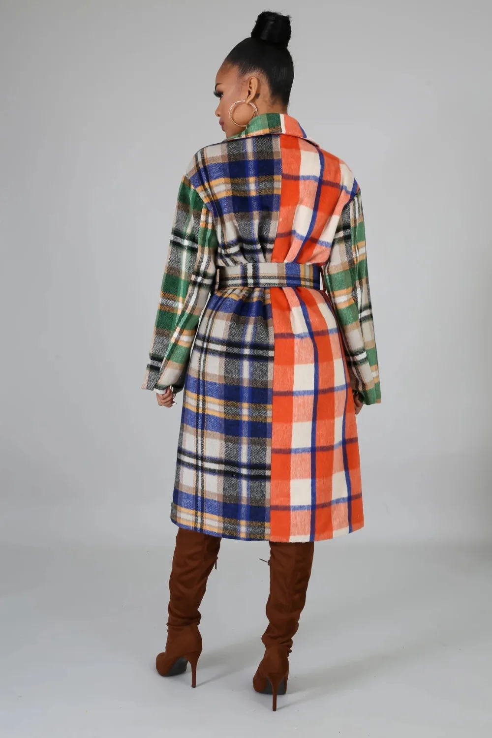 New fashion women's plaid spliced long trench coat sexy v-neck high waist sashes fashion temperament a-line trench coat