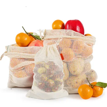 

3 Pics Eco-friendly Supermarket Shopping Cotton Spliced Mesh Bag, Drawstring Drawstring Fruit Mesh Bag