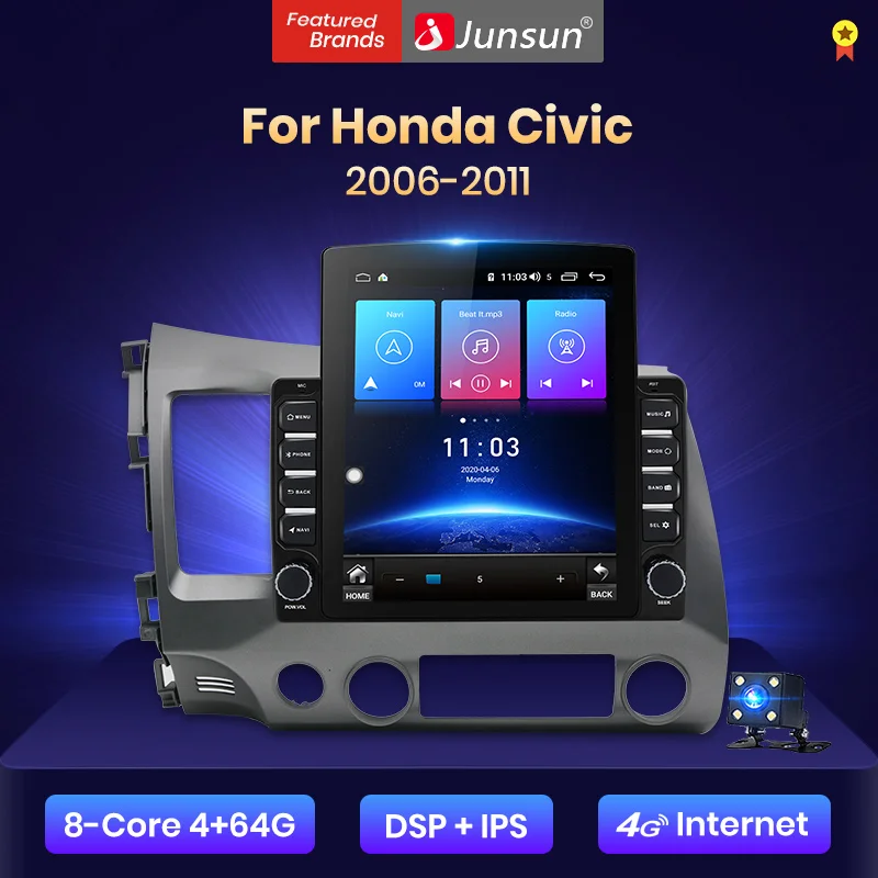 Junsun V2 Pro Vertical Style 4G+64G CarPlay DSP For Honda Civic 2005-2011 Android 8.1 Car Radio Multimedia Navigation no 2 din | Автомобили