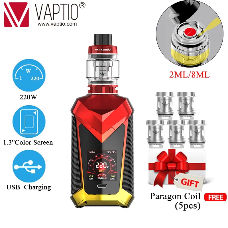

GIFT Original Vaptio SUPER CAPE 220W vape Kit with 2/8ml Atomizer & 1.3inch Color TFT screen Cool UI vaporizer E-cigarette Kits