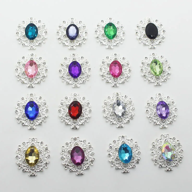 

100 pcs/lot 28*25mm Silver Rhinestone Button Metal Button Diamond Flatback for Clothing Wedding Hair Brooch Jewelry Accessories