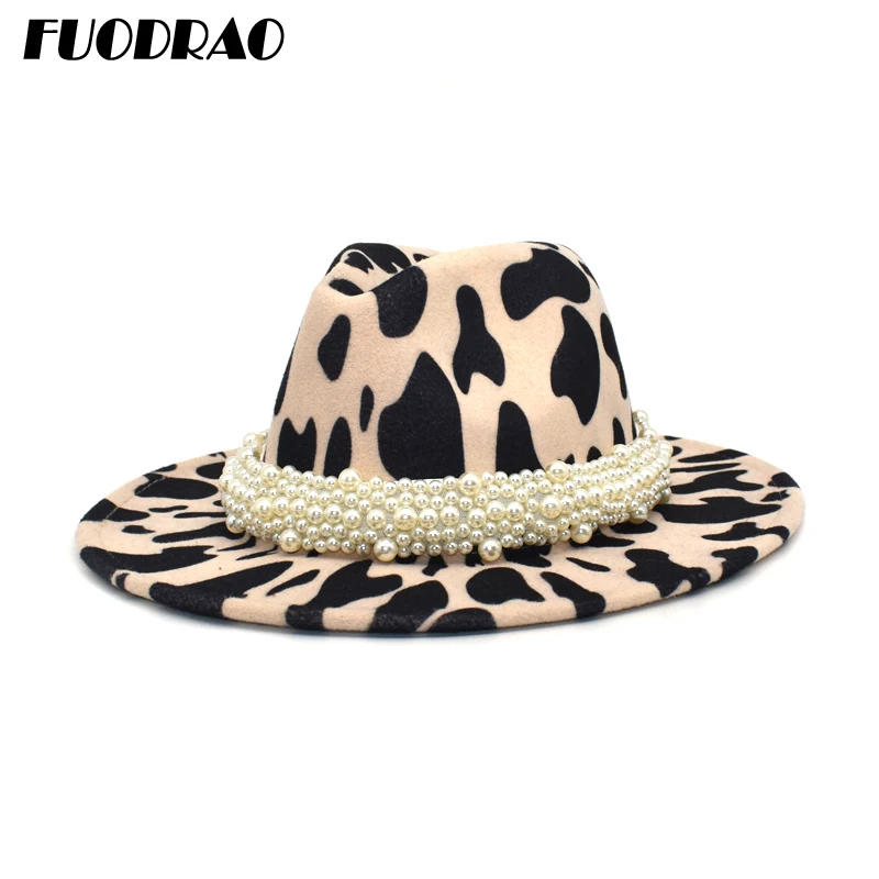

FUODRAO New Fashion Cow Pattern Fedora Wool Hat Women Wide Brim Jazz Hat Autumn Winter Panama Unisex Retro Cowboy Hat NN17