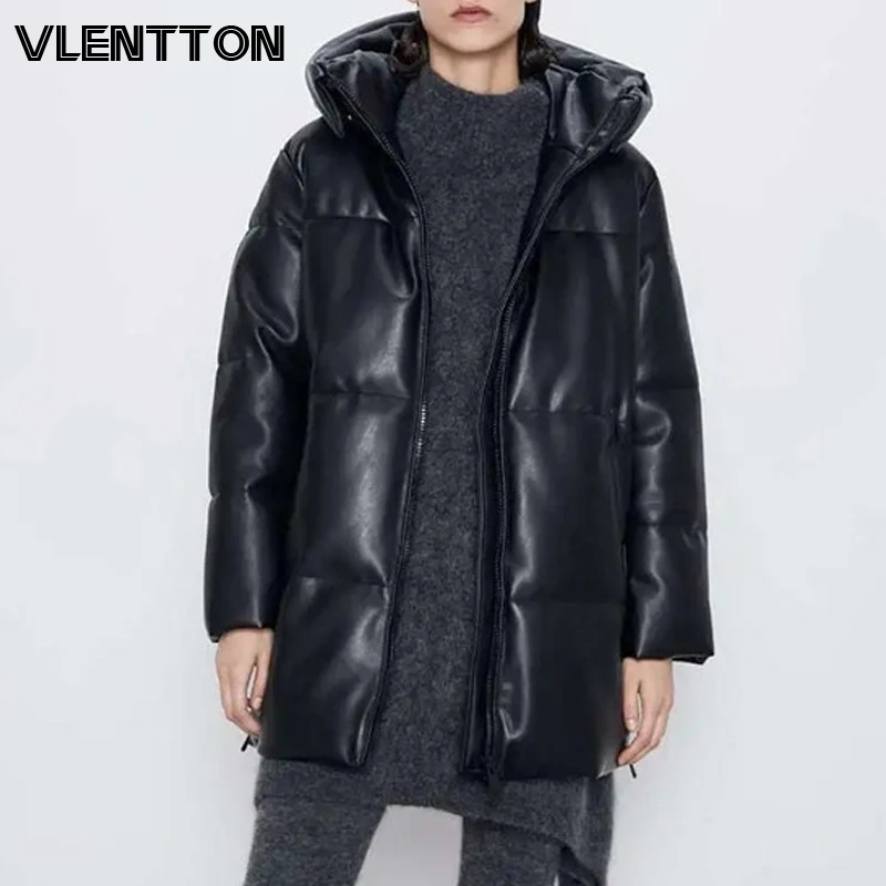 

2020 Winter Women Thick Oversize Faux Leather Parkas Zipper Hooded Jackets Coat Female Long Overcoat Casual Loose Outwear Tops