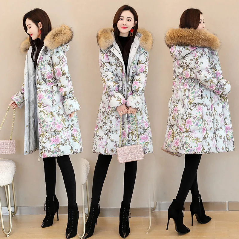 

Winter Cotton Dress Women's Mid-length 2019 New Style Fashion Slim Fit Slimming Printed Thick Cotton-padded Clothes Large Fur Co