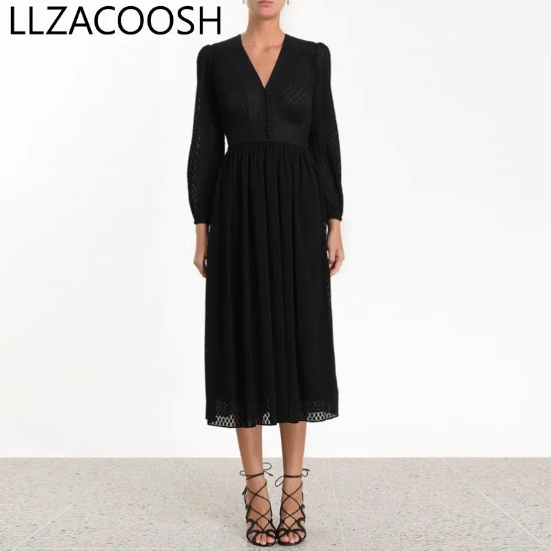 

Runway Designer 2019 Autumn Women Chiffon Dot White Long Sleeve Party Dress Elegant V Neck Holiday Long Dress