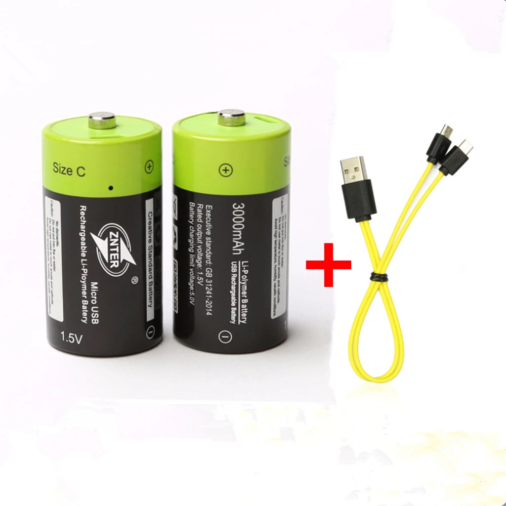 

2PCS ZNTER 3000mAh 1.5V rechargeable battery C size USB rechargeable lithium polymer battery with Micro USB charging cable