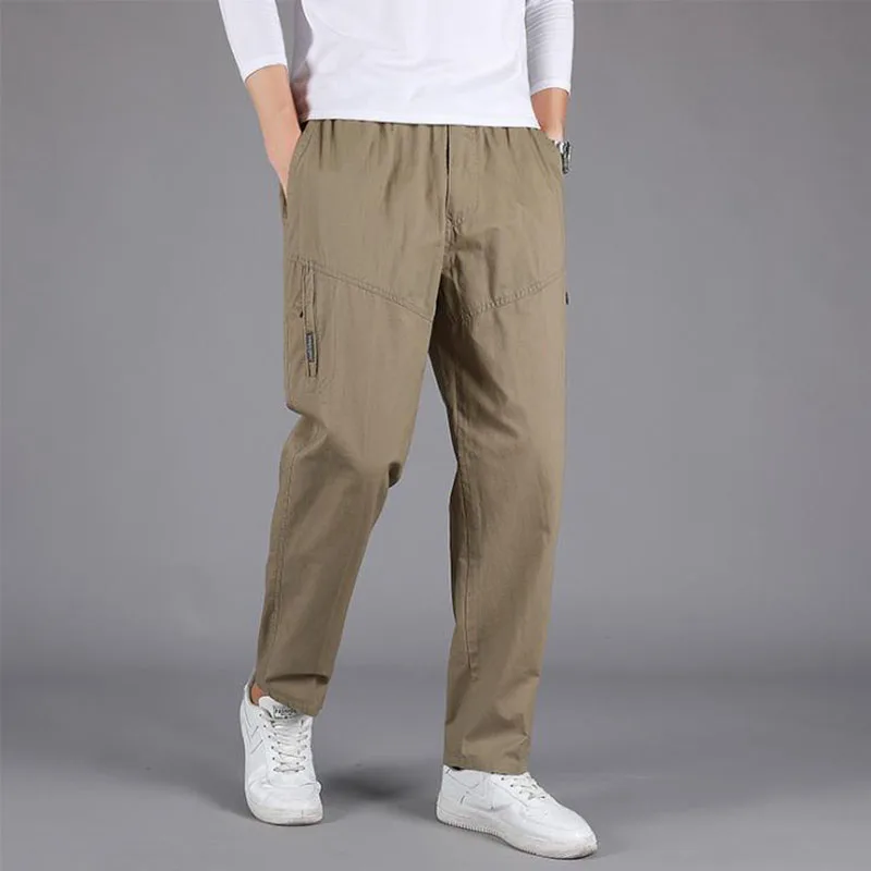 Men's Casual Trousers Spring Autumn Men Cargo Pants Cotton Zip Pockets Male Loose Elastic Waist Plus Size 6XL Oversize | Мужская