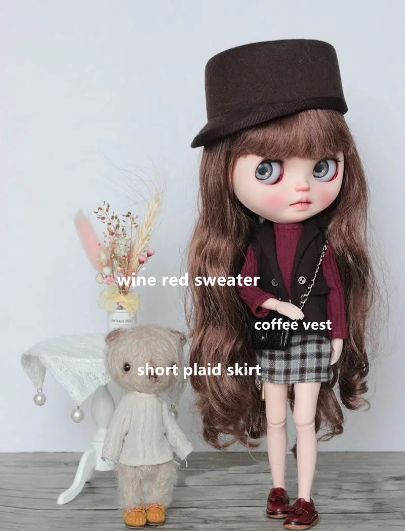 Кукольный свитер кукла клетчатая юбка жилет на куклу(подходит для Блит, личка, Момоко, азон, пульлип, 1/6 кукла - Цвет: short plaid skirt