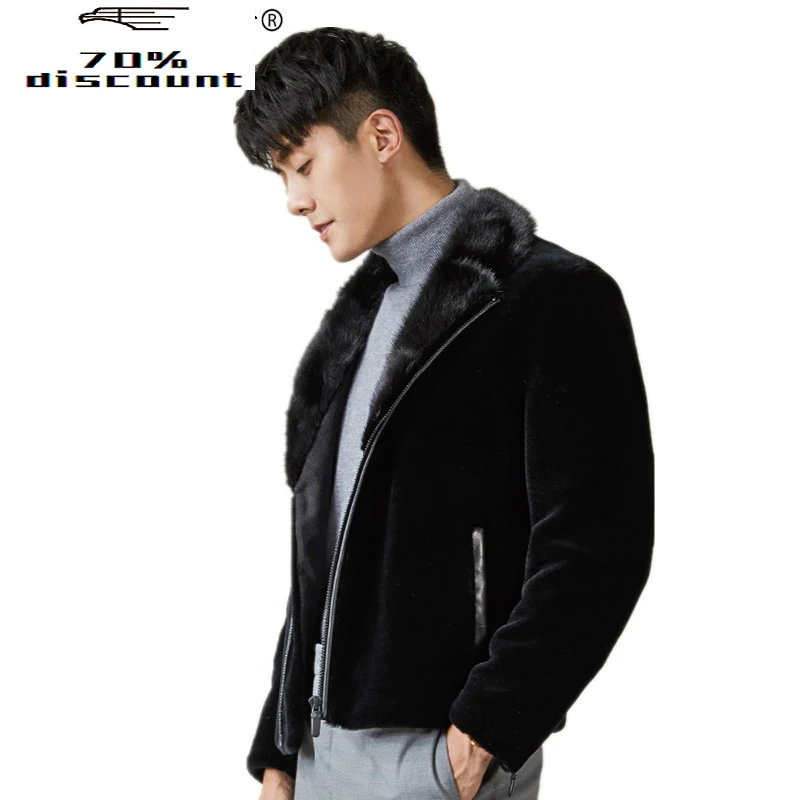 

200% Wool Coat Winter Jacket Men Real Sheep Shearling Fur Coats Mens Mink Fur Collar Overcoat MG-2800043 MY2463