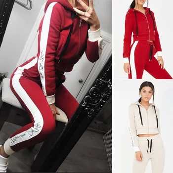 

2019 Europe and the United States new women's pure color hoodie long-sleeved sports suit daily running sportswear 2 pieces set