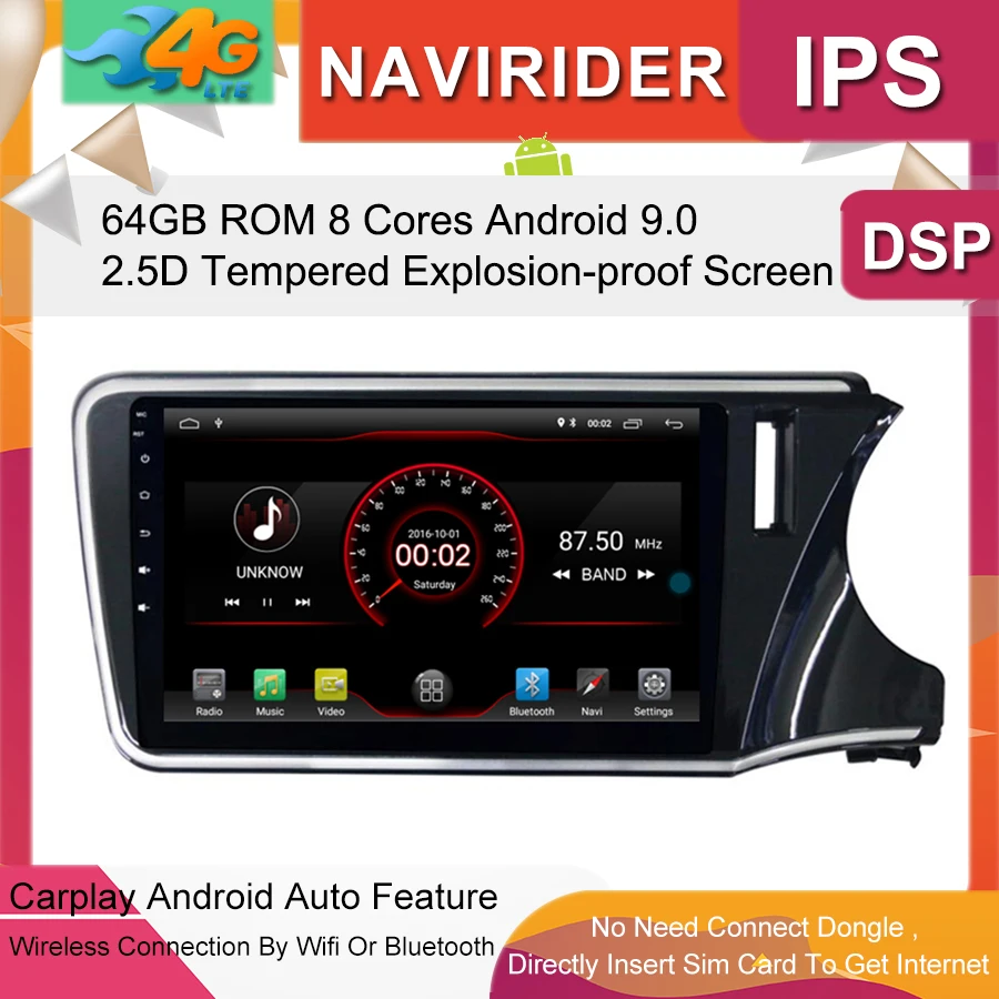 Автомобильный мультимедийный плеер 10,2 дюймов ips экран монитор gps магнитофон Bluetooth Android 9,0 для HONDA City правое Авто Аудио