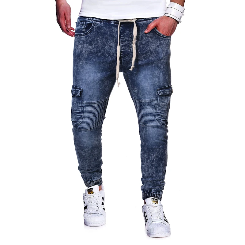 

Men's Jeans Fabric Knee Pleated Straight Jeans Casual Sport Full Length Pants Patchwork Zipper Pocket Decoration Jeans