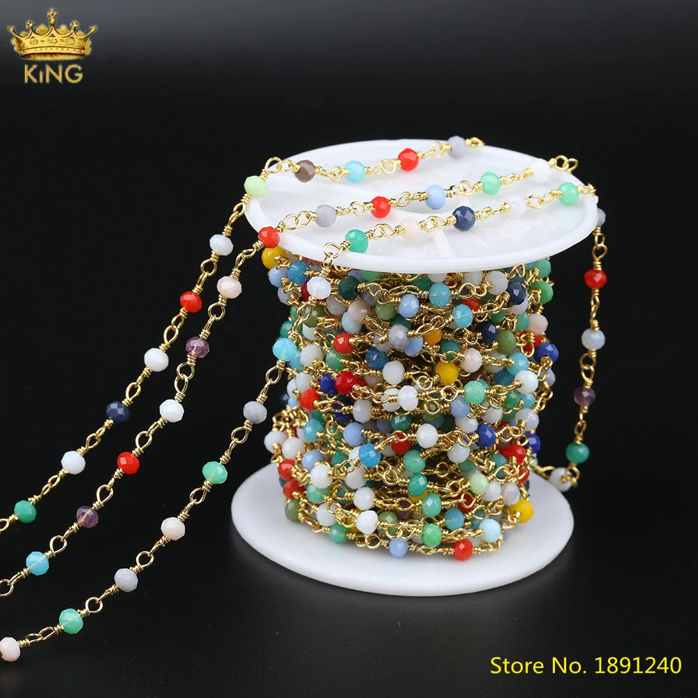 

5Meters Sale,3x4mm Tiny Glass Rosary Chains,Faceted Rainbow Color Rondelle Glass Beads Gold Chains Jewelry Findings ZJ-392KBI