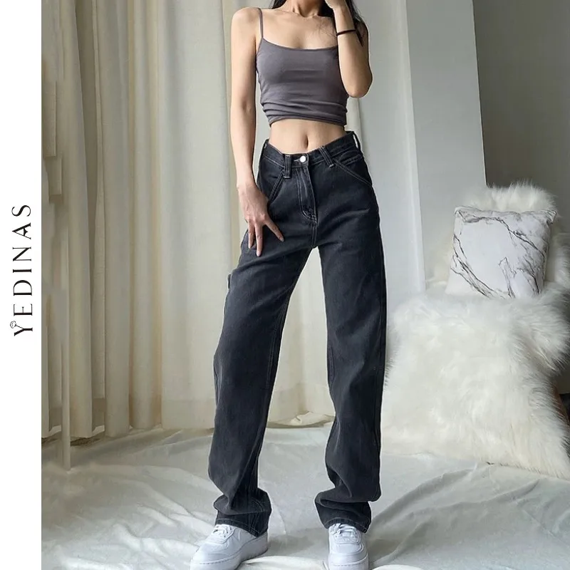 

Yedinas Korean Style Black Blue Washed Jean Retro High Waist Straight Denim Pants Long Loose Wide Leg Jeans Women Trousers Japan