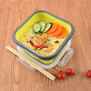 

Folding Silicone Instant Noodle Bowl With Lid Square Portable Collapsible Ramen Bowl Soup Bowl Fresh Box Rice Travel Camping Box