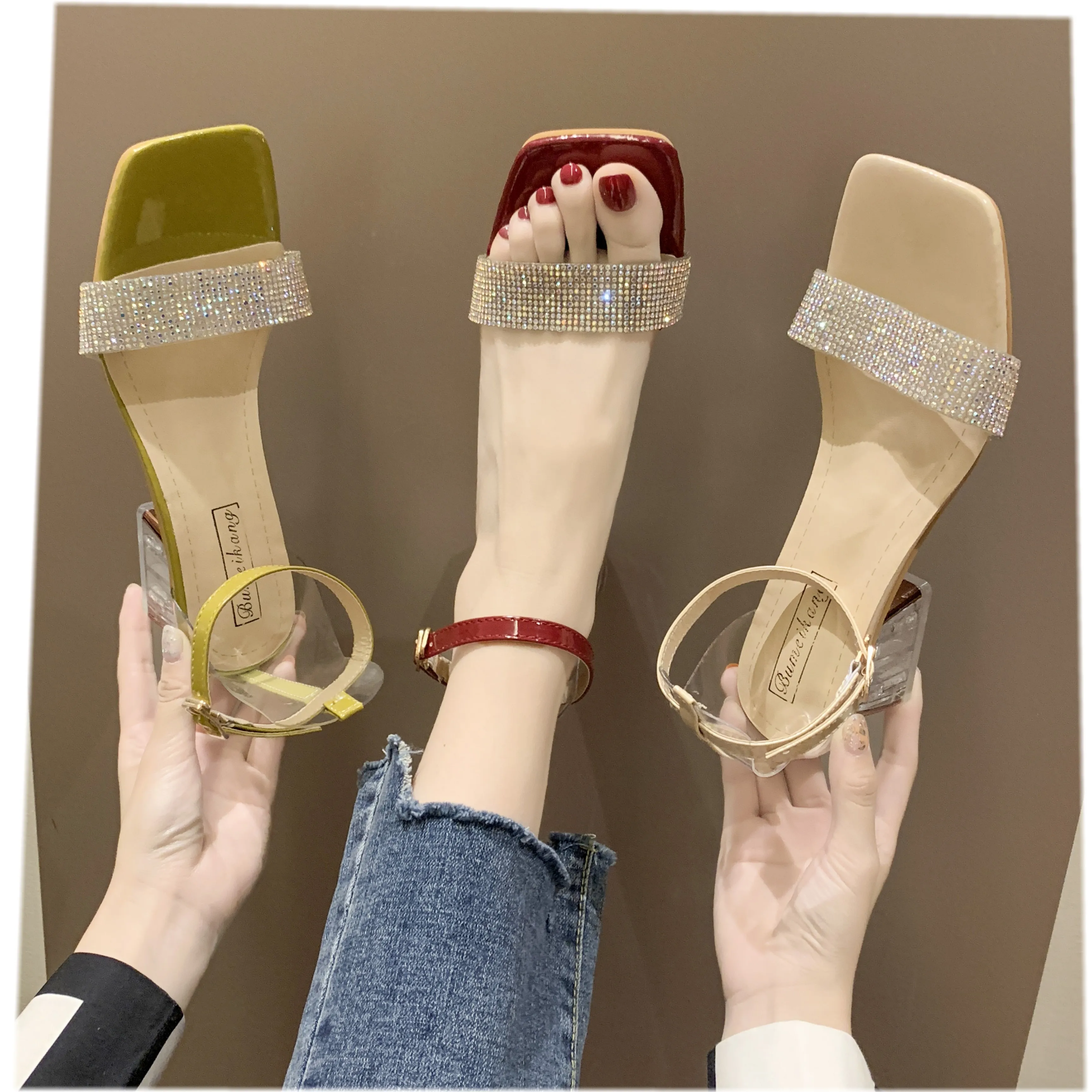 

Womens Heeled Sandals Ankle Strap Transparent Chunky Block Heel Open Toe High Heels Rhinestones Chaussures Femme Strappy Heels