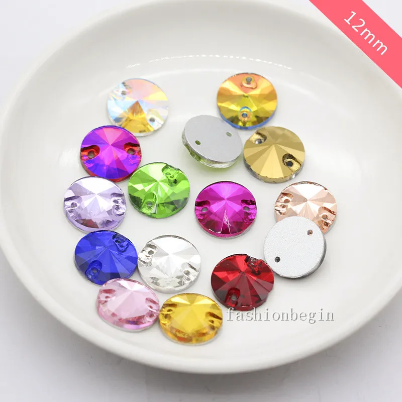

48p 12mm Assorted Glass stone Round Rivoli Sew on crystal flat Back Rhinestones jewels 2-holes Diamante for Garment sewing Beads