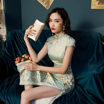 

Vintage Mandarin Collar Qipao Fashion Print Qipao Novelty Slim Short Sleeve Improved Cheongsam Vestidos Plus Size S-4XL