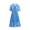 New summer plus size long dress for women large short sleeve casual elastic waist floral pleated dresses blue 4XL 5XL 6XL 7XL ► Photo 2/6