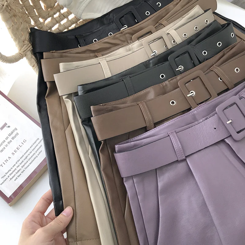 Autumn Winter Korean Wide-Leg Faux Leather Shorts Women With Belt Casual Female Bike Shorts PU Leather High Waist Shorts C7875 nike pro shorts