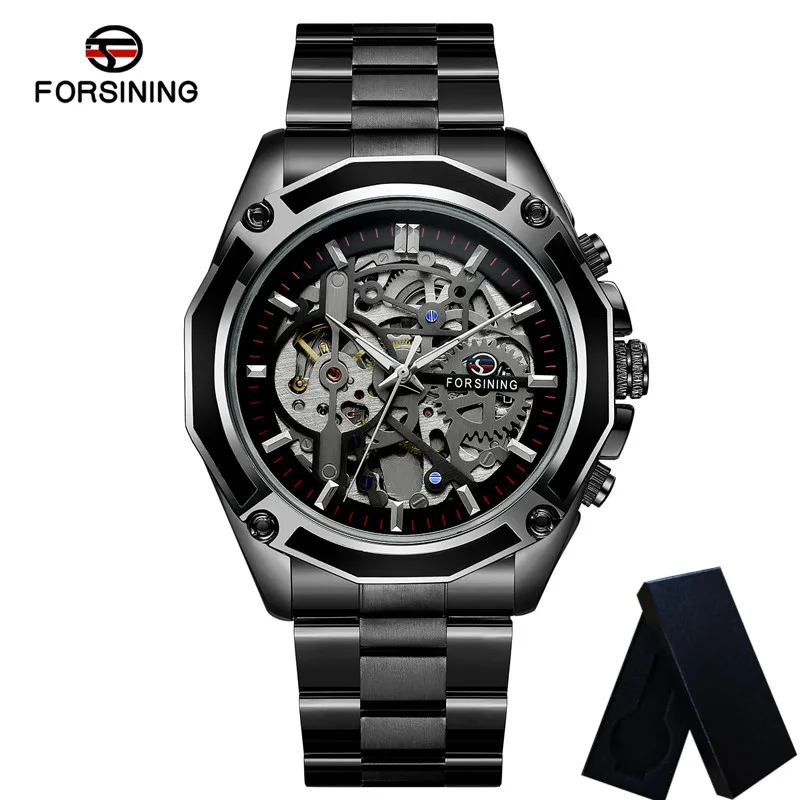 FORSINING Automatic Mechanical Men Wristwatch Military Sport Male Clock Stainless Steel Skeleton Man Watch 8130 Luxury