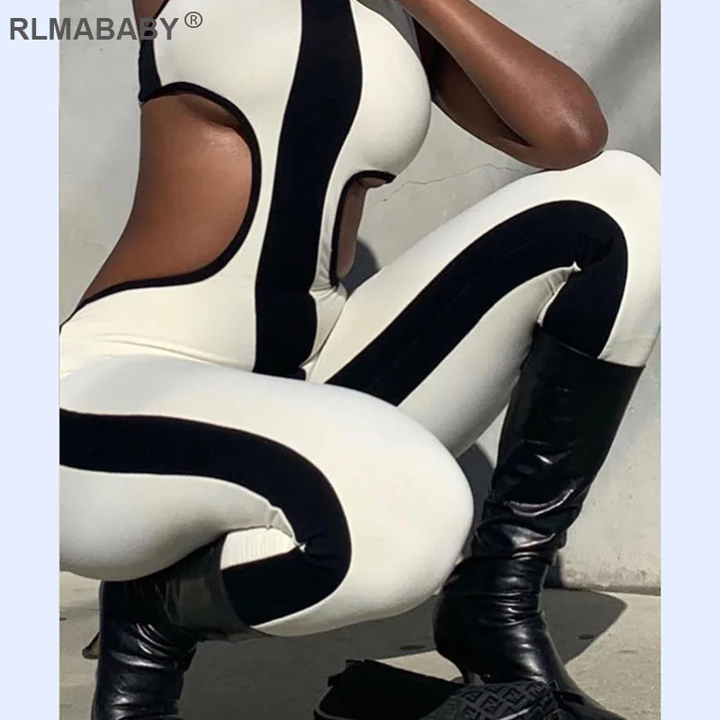 Sexy Backless Sport Wear Women Jumpsuit Skinny Halter Sleeveless Bodycon Romper Overalls Black White Pactwork Casual Jumpsuit Sexy Backless Sport Wear Women Jumpsuit Skinny Halter Sleeveless Bodycon Romper Overalls Black White Pactwork Casual Jumpsuit