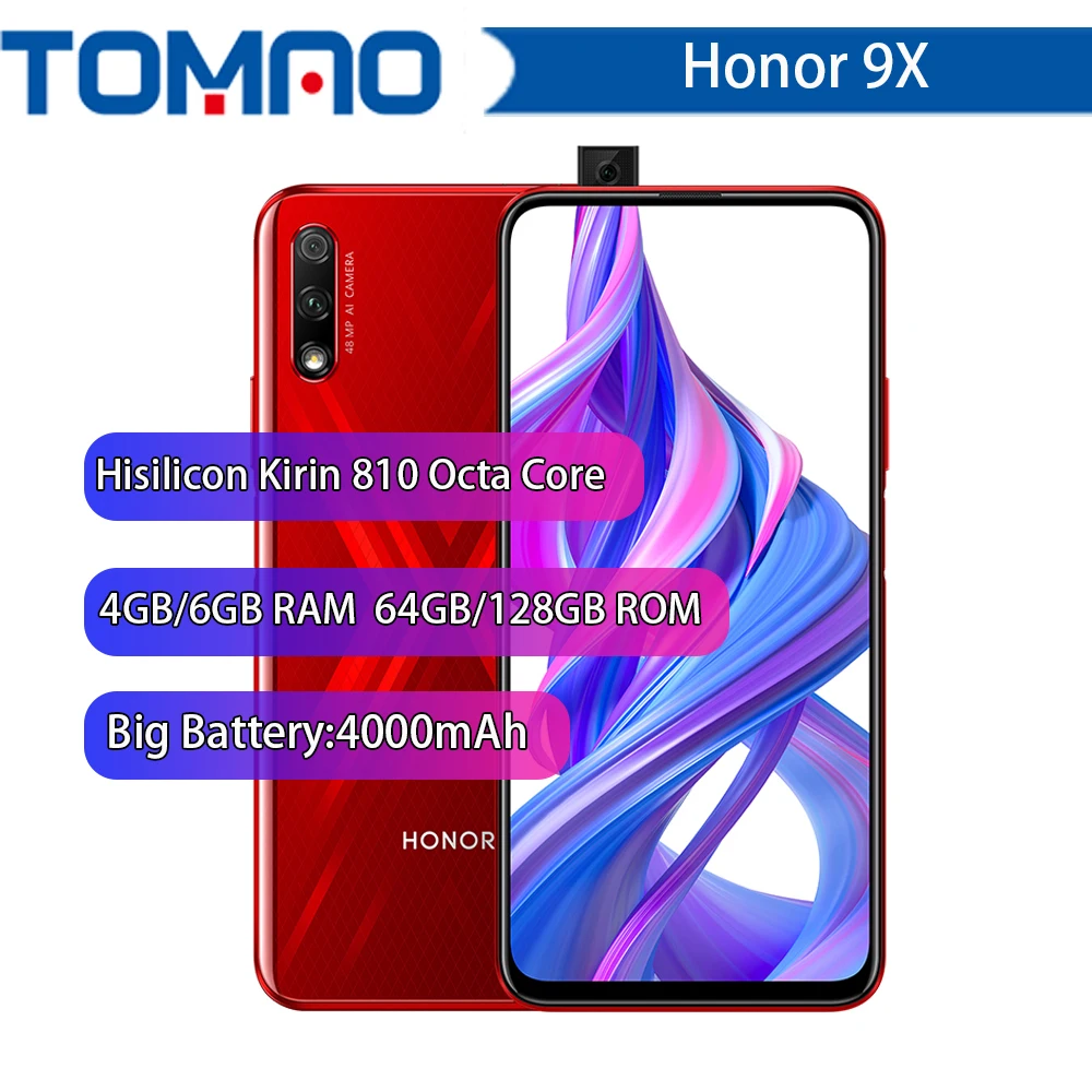 New Honor 9X Mobile Phone 6.5'' Full Screen Kirin 810 Octa Core Support Google play 48MP Pop Up Front Camera 16MP 4000mAh