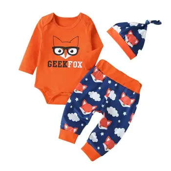 

3pcs Baby Boys Girls Clothes Set Cotton Cartoon Fox Christmas Print Round Neck Long Sleeve Romper Pants Hat Clothing