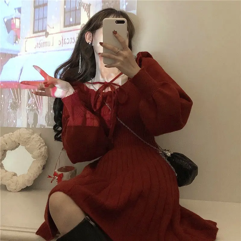 Women Long Sleeve Dress Knitted Puff Sleeves O-neck Burgundy Defined Waist Tied Preppy Style Slim Sweet Elegant Fashion Chic Ins maxi dresses Dresses
