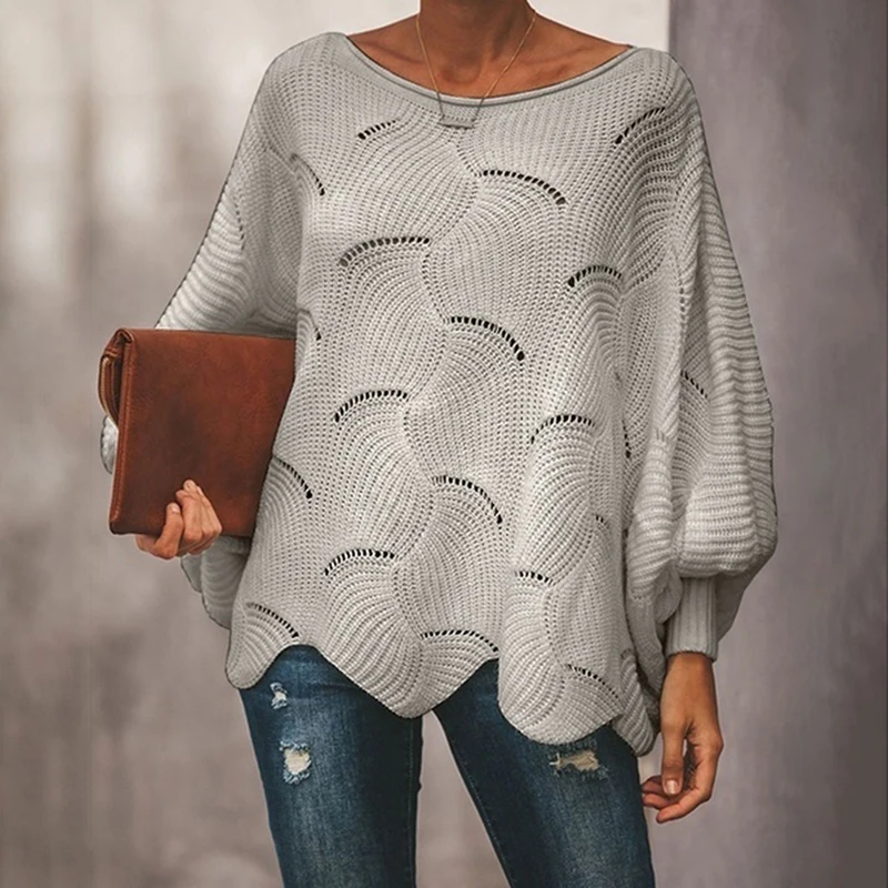 Модный женский вязаный свитер с рукавами «летучая мышь», однотонный пуловер с круглым вырезом и джемпер, свободный свитер