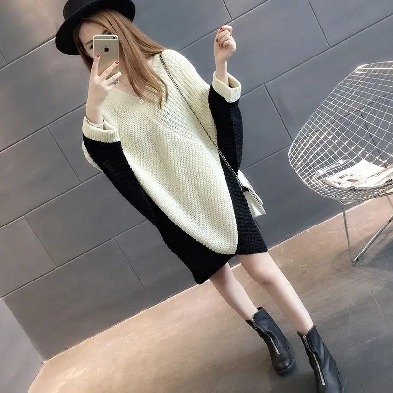 Bat Sleeve Sweater Women Autumn Winter Korean Students Seven-point Sleeves V-neck Shirt Mid-length Dress Loose Thick |