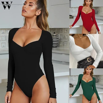 

Womail bodysuit Women Bodycon Bodysuit Long Sleeve Bandage Solid Casual Rompers V-neck black Ladies Skinny Romper Female